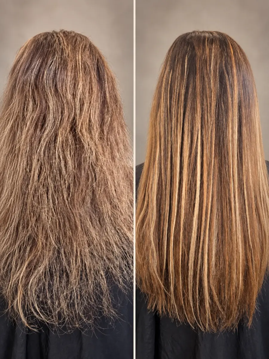 Before and after photographs of long highlighted hair