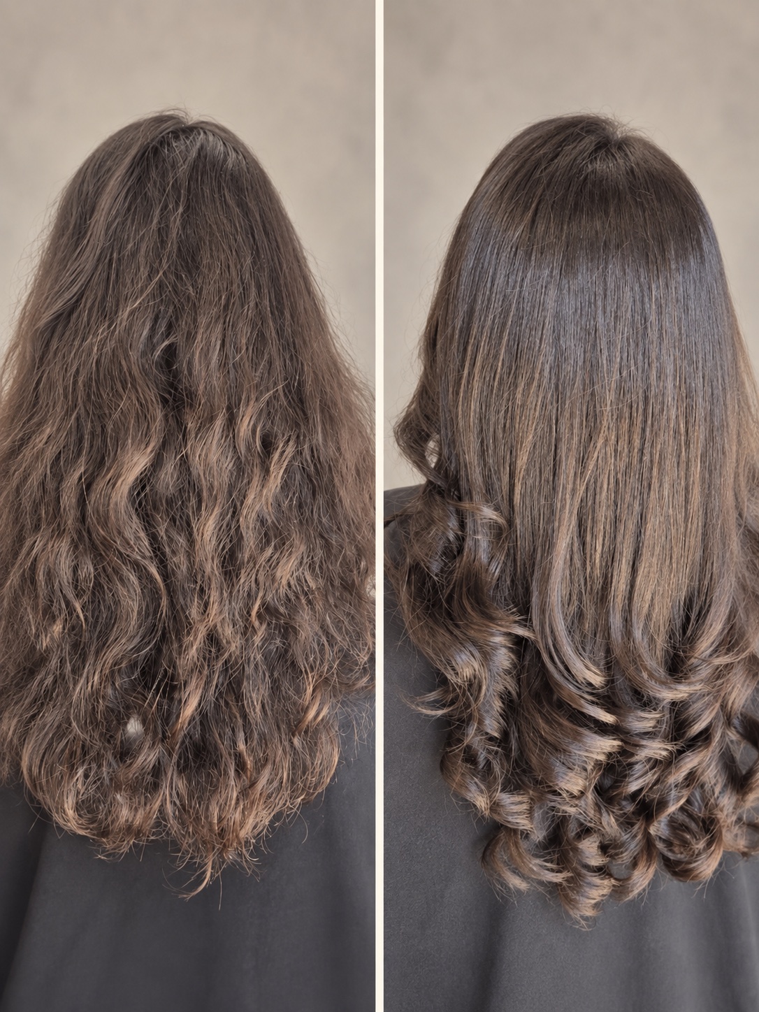 Before and after photographs of long brunette hair styled in loose waves