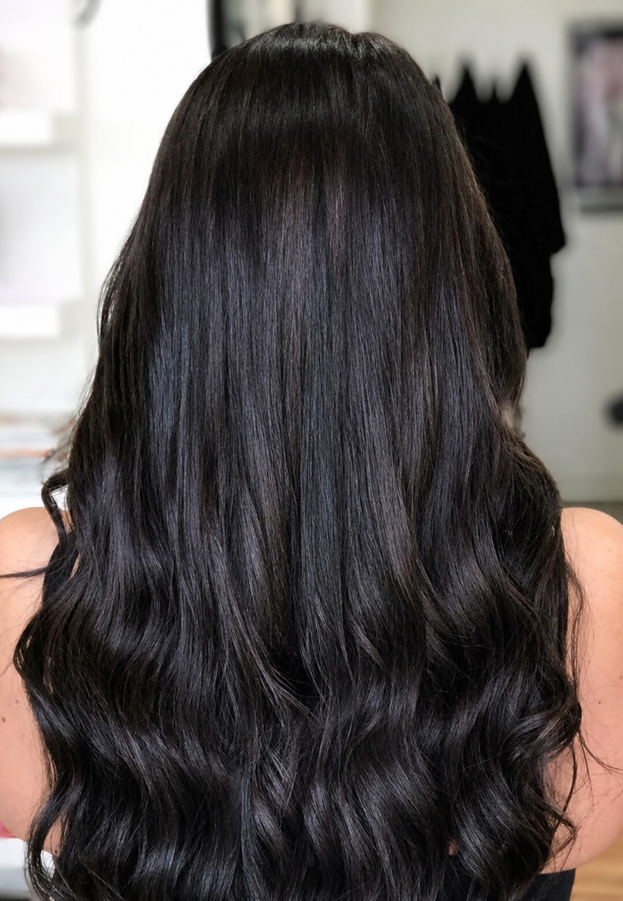 Long near-black hair in full, glossy waves by Vered Valensi