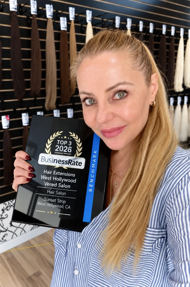 Vered Valensi in her salon, holding her salon award