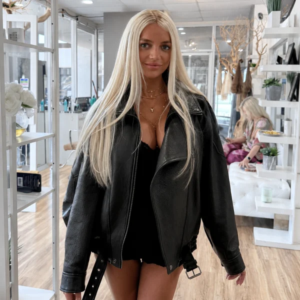 After: long platinum-blonde nano K-tips with blonde highlights
