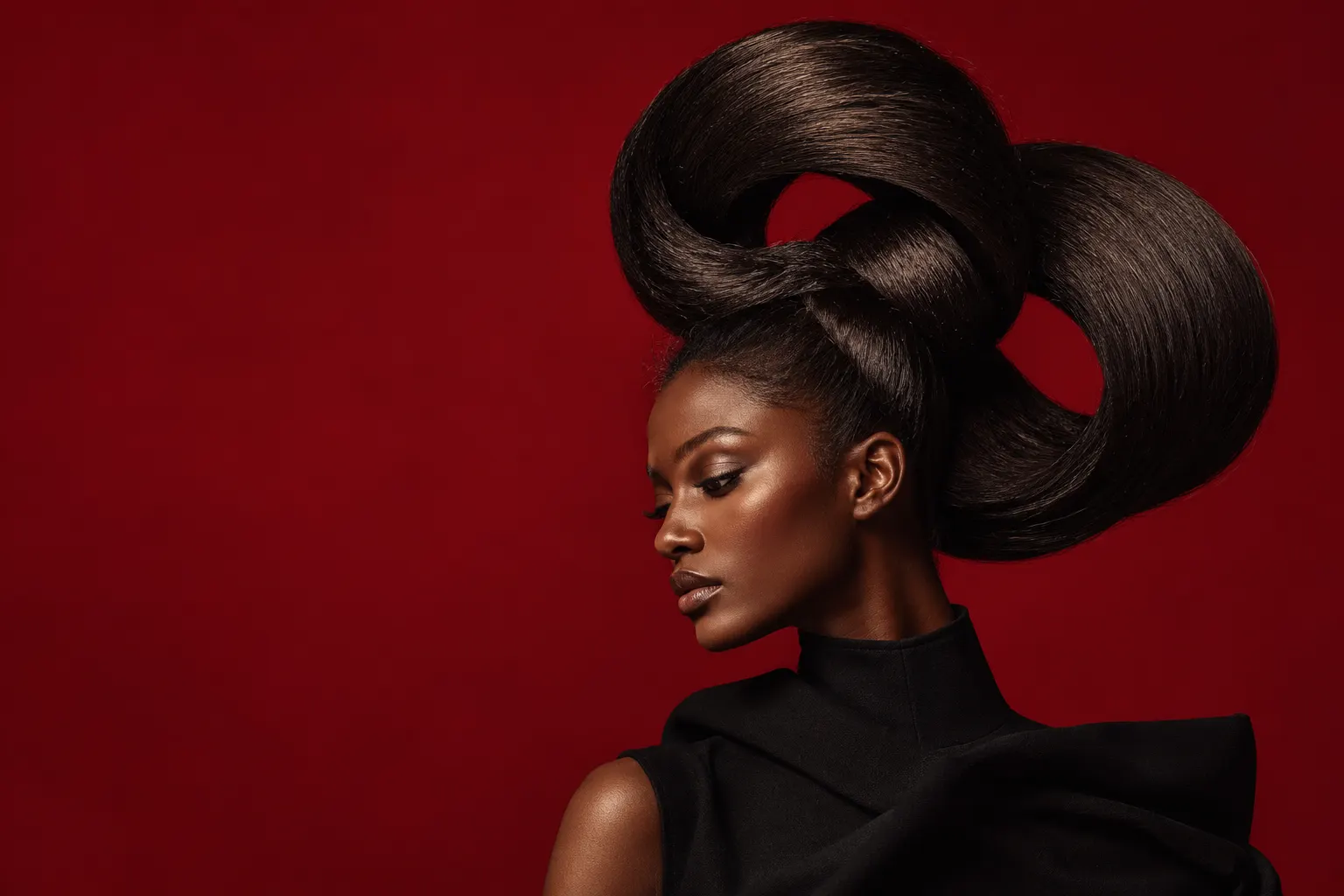 AI editorial image of a Black woman with monumental sculptural hair against a crimson background