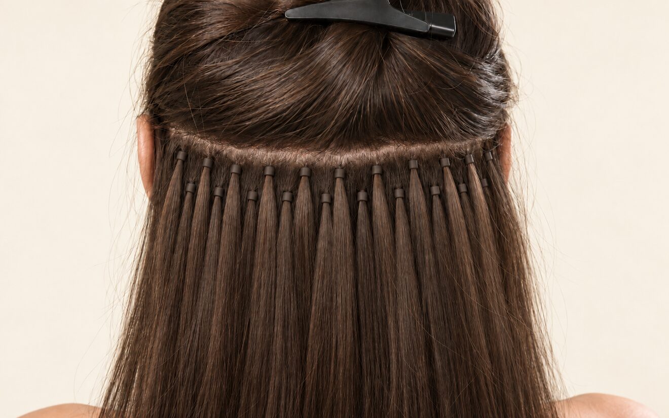 Individual I-tip strands threaded through microlink beads